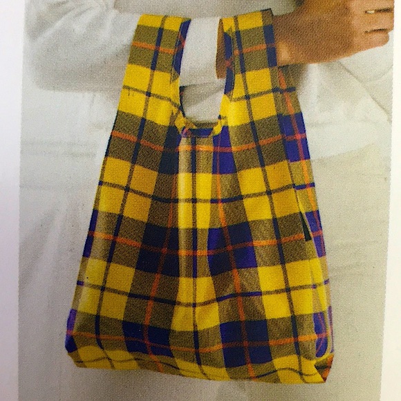 NWT BAGGU Yellow Tartan Reusable Eco Shopping Bag Tote Purse Baby size Discontin - Picture 2 of 8